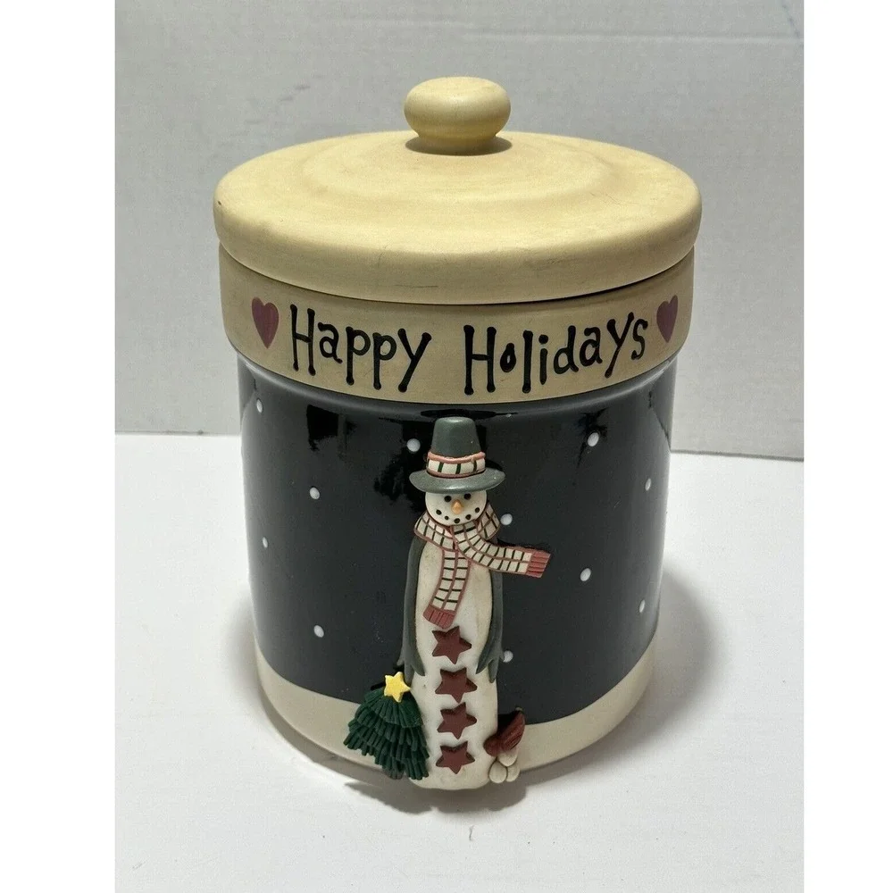 Happy Holidays Snowman Ceramic Canister Navy Blue Christmas Cookie Jar 8.5in